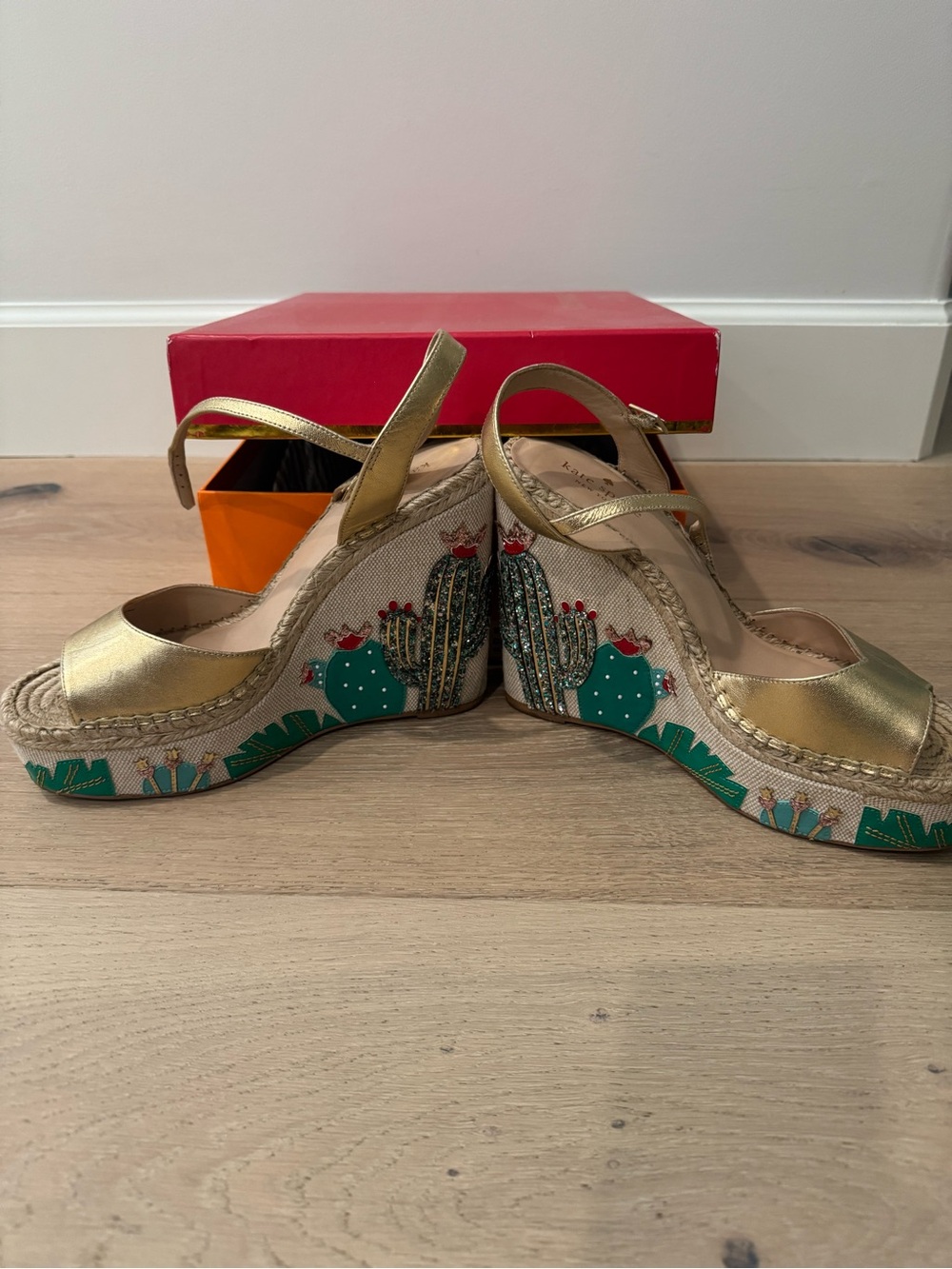 kate spade Gold Wedge Sandals with Green Cactus Platform